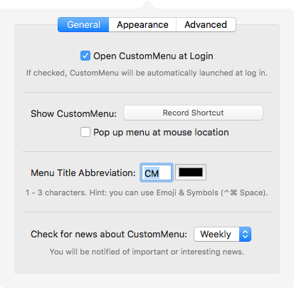 CustomMenu's 3 General Preferences CustomMenu 3 - Preferences - General Image